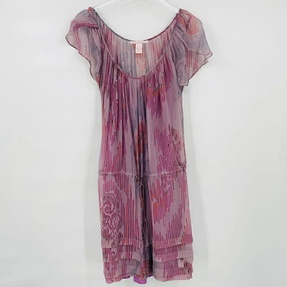 Rebecca Taylor Size 6 Purple & Pink Silk Flutter Sleeve Drawstring Waist Dress
